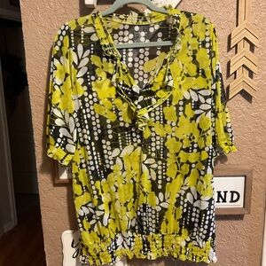 Lane Bryant Yellow Floral Black Polka Dot Ruffled Top Women’s Size 18/20